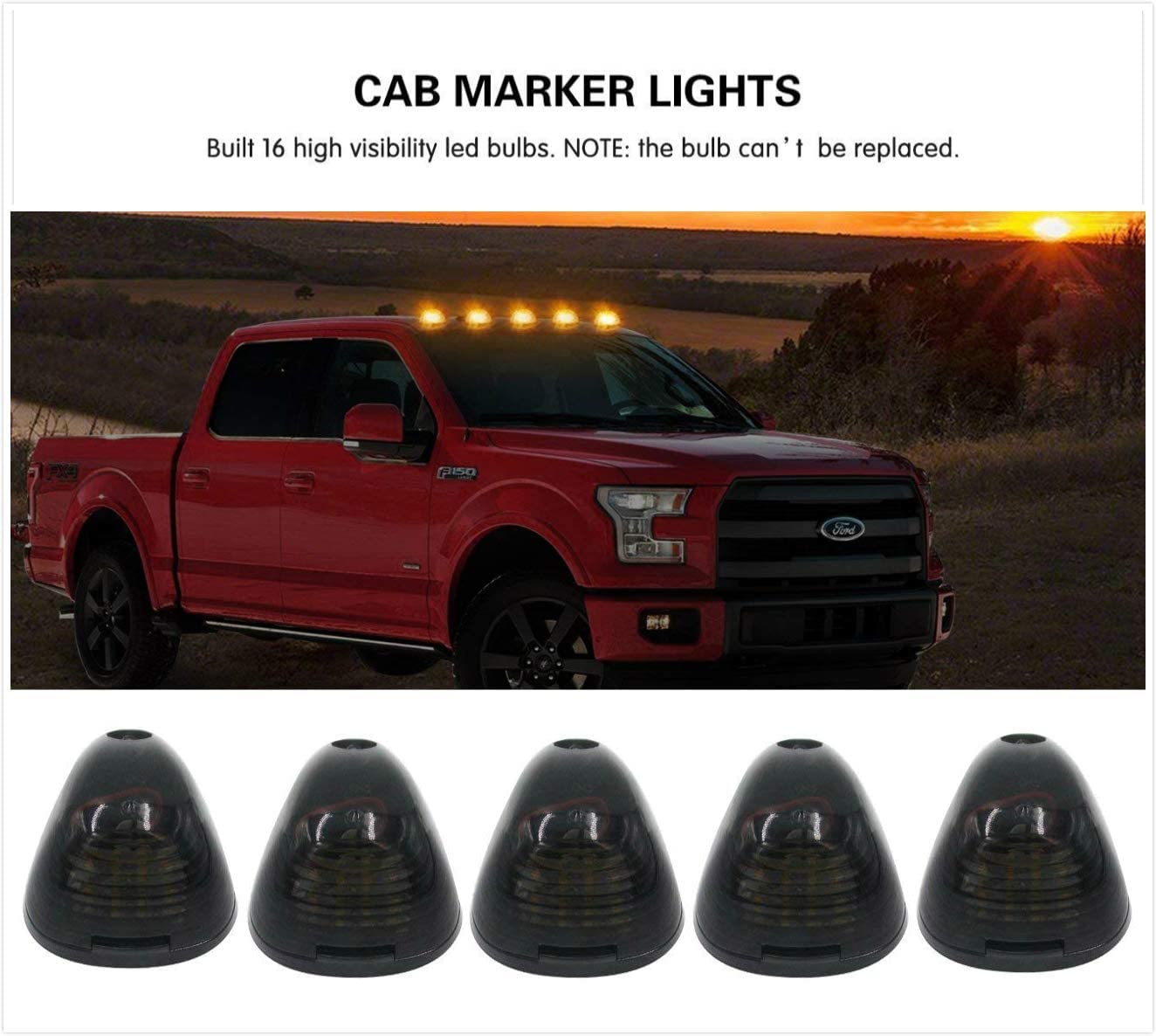 5 X Cab Marker Light, Smoke Lens Amber 16 LED Roof Running Lights, Top Clearance Light w/Wiring Pack for 1999-2016 Ford F150 F250 F350 F450 F550 F650 F750 E150 E250 E350 E450 Super Duty Pickup Truck