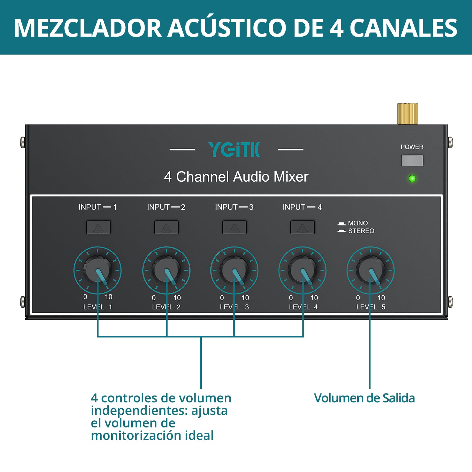 Mini Mezclador de Audio, Mezclador de Línea Estéreo de 4 Canales de 6.35mm+3.5mm TSR Salida de Audio Jack de Entrada para Guitarras, Bajo, Teclados, Micrófono Dinámico