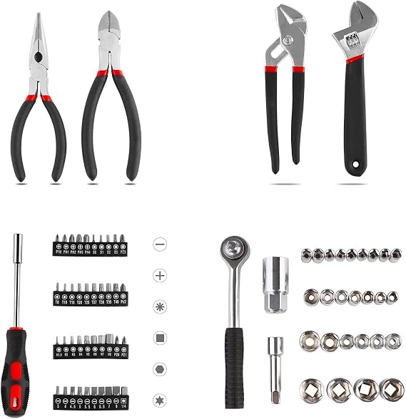 TLGREEN 95 Piece Tool Set+TLGREEN 147 Pieces Tool Set, Tool Kit, Mechanics Tool Set, Portable Toolbox with Adjustable Wrench Pliers Socket Bits, with Plastic Toolbox, for House Apartment Garage (Red)