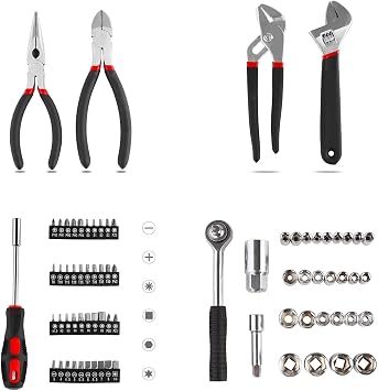 TLGREEN 95 Piece Tool Set+TLGREEN 147 Pieces Tool Set, Tool Kit, Mechanics Tool Set, Portable Toolbox with Adjustable Wrench Pliers Socket Bits, with Plastic Toolbox, for House Apartment Garage (Red)