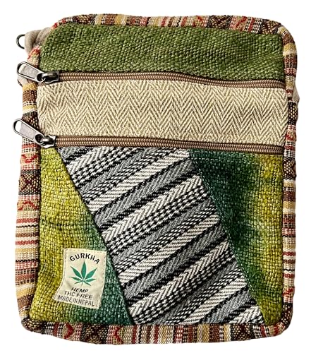 Gurkha Unisex Hemp Crossbody Bag Hippie Patchwork Shoulder 5 Pocket Passport Documents Bag Eco-friendly - Handloomed In Mt. Everest Country Nepal