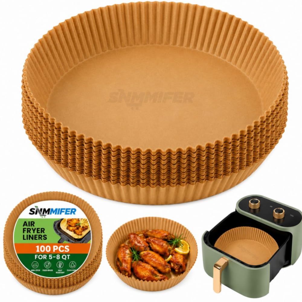 SNMMIFER 100 Pcs Round Air Fryer Paper Sheets, Disposable Parchment Airfryer Paper Sheets, Air Fryer Liners for 5-8 QT, Oil-Proof, Heat Resistant for Frying, Baking, Cooking, Roasting and Microwave