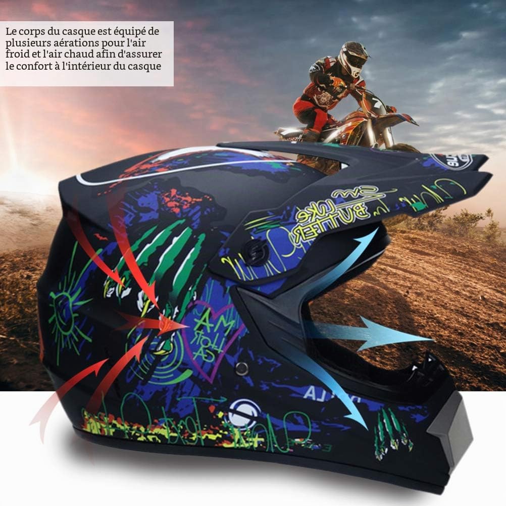 Casque de motocross, casque complet pour enfants et adultes, casque de motocross tout-terrain avec lunettes, gants et masque
