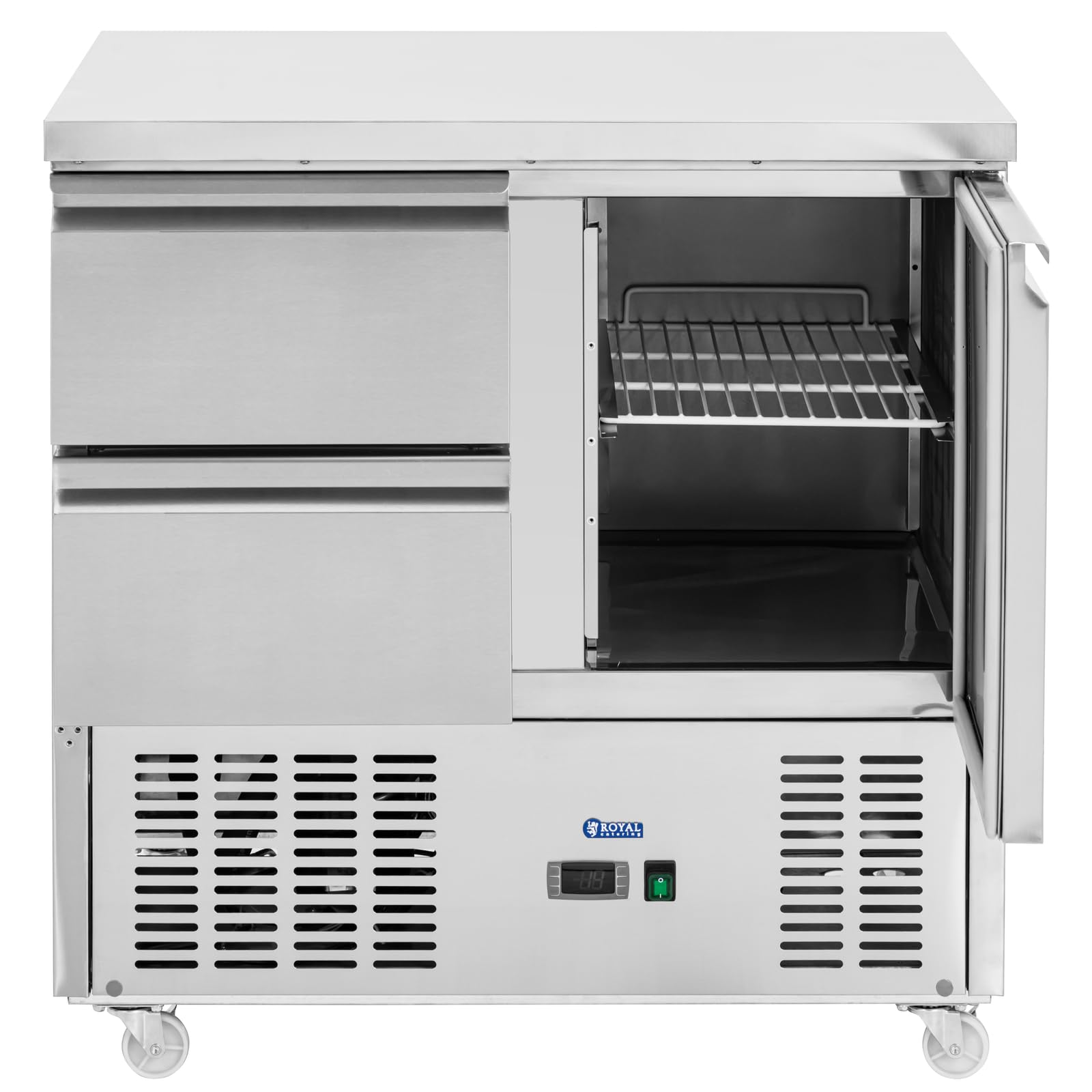 Royal Catering Mesa Refrigerada con Ruedas Volumen de 240 L 2 Cajones 1 compartimento 90 x 70 cm Clase C Acero Inoxidable Bajomostrador refrigerado Mostrador refrigerado para hostelería