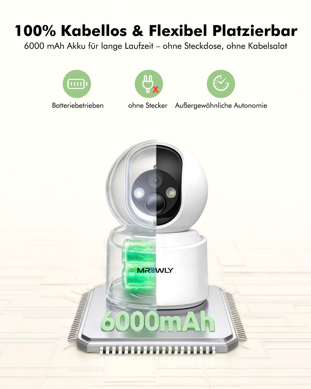2,5K/4MP Überwachungskamera Innen WLAN mit 6000mAh Akku, 360° PTZ kabellose überwachungskamera, 2,4/5GHz WiFi, Farb-Nachtsicht, Bewegungserkennung, KI-Erkennung,Zwei-Wege-Audio 2 Stück