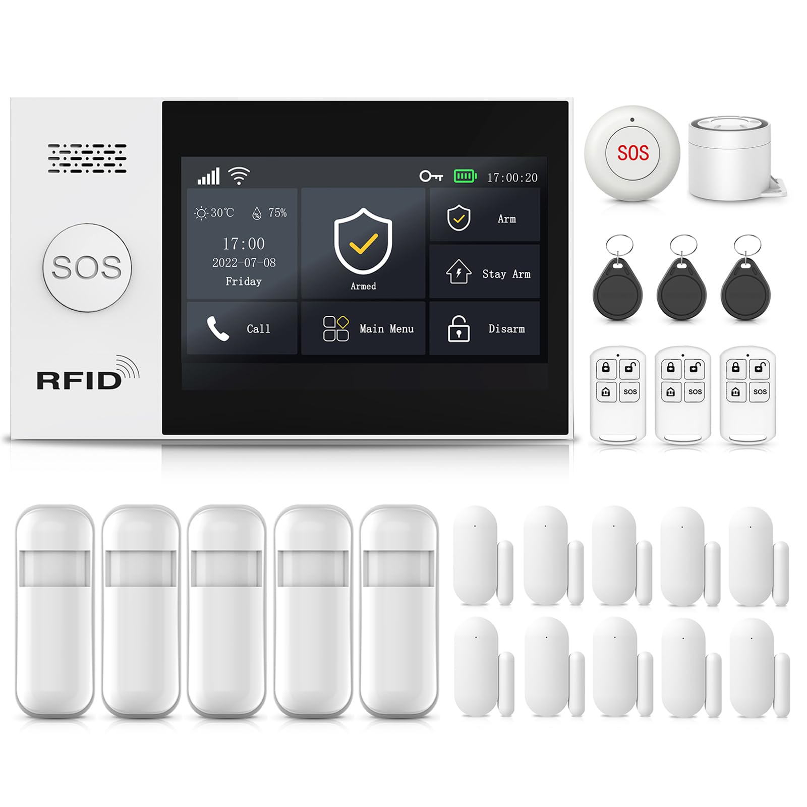 XNH 4.3'' Pantalla Táctil Alarm Kit de 24 Piezas, 4G/WiFi Sistema de Seguridad para el Hogar con Sirena de 120DB, Sensores de Ventana de Puerta, Detector de Movimiento, Controles Remoto