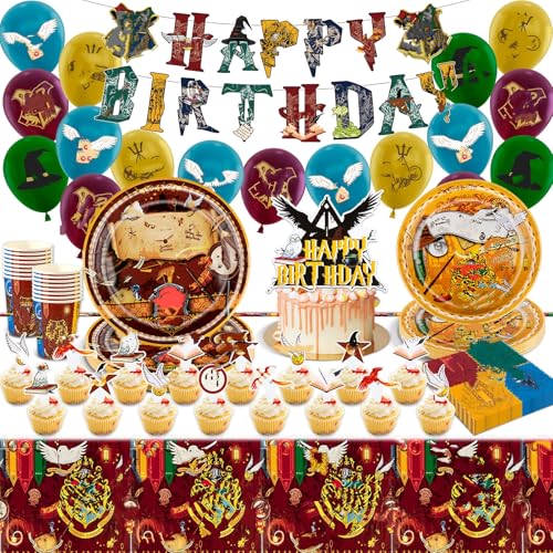 Kindergeburtstag Geburtstagsdeko Party Tableware Decorations- Wizard Party Deco Supplies Boys Birthday Tableware Set Balloons Paper Plates Cups Napkins Tablecloth Part Favors for Kids Film Lovers