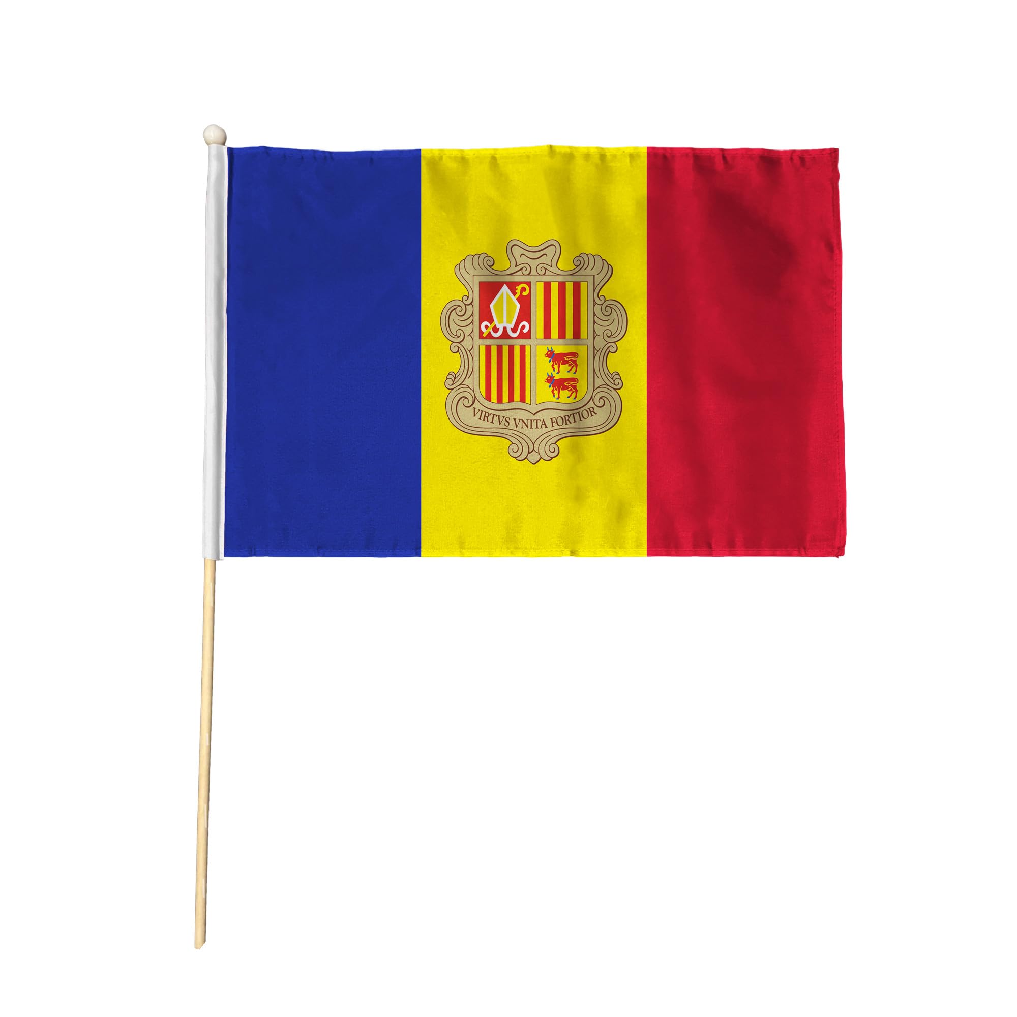 Flagtex Andorra Pack of 12 Hand Waving Flag (9x6 Inch) - Premium Wooden Stick Hand Flag 9x6 Inch Natural Wood Pole European Principality Coat of Arms Flag Events Parades