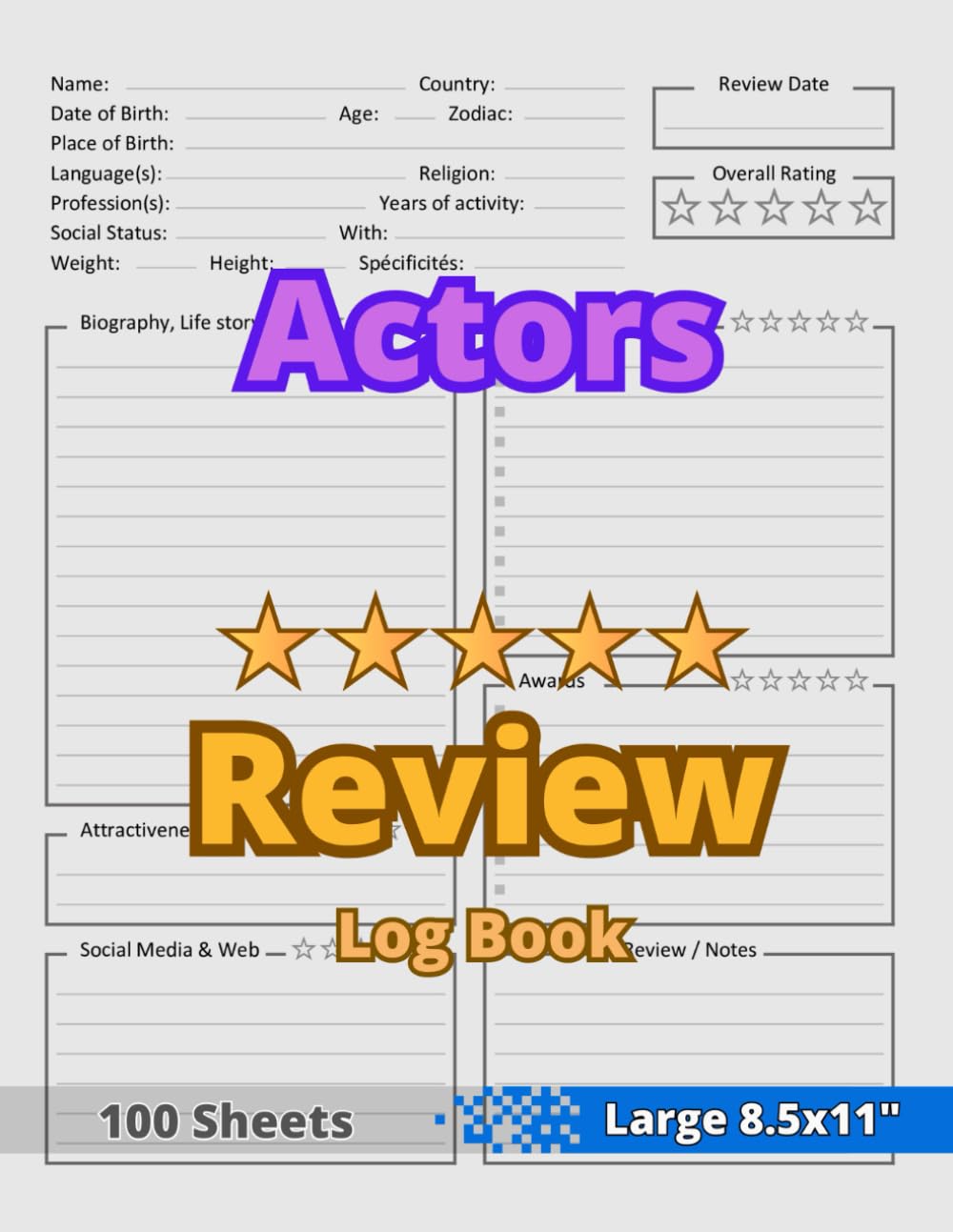 Carnet d'évaluation d'acteurs 8.5x11 pouces pour passionnés de cinéma