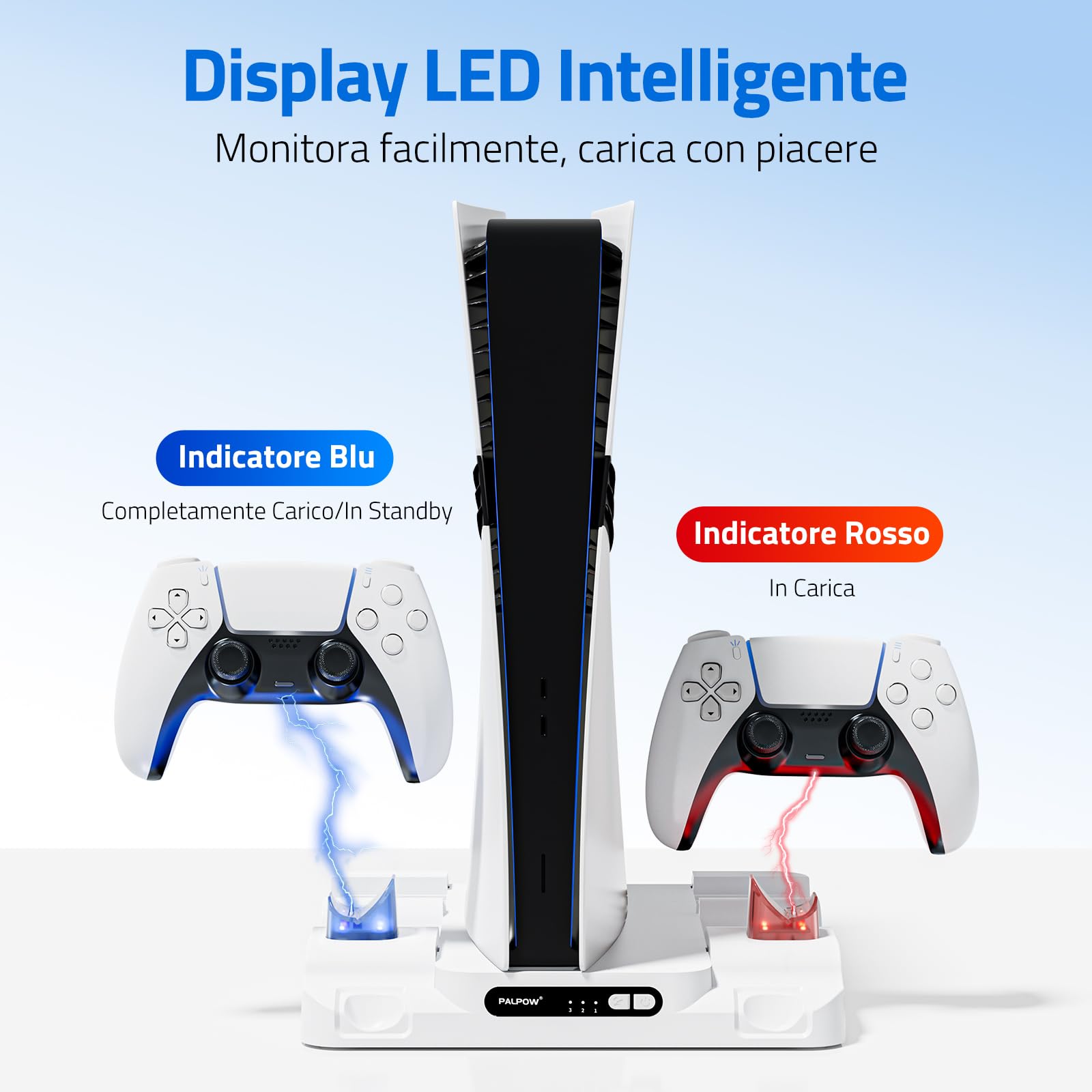 Supporto di raffreddamento PALPOW compatibile con PS5 Pro/Slim/PlayStation 5, disco e caricabatterie digitale per accessori PS5 - Ventola a 3 velocità, illuminazione LED - Bianco