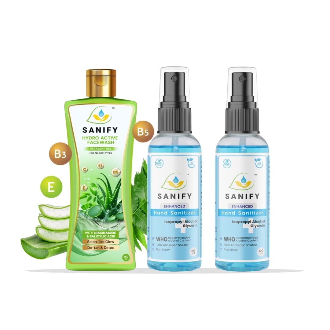 SANIFY Hydro Active Face Wash & Herbal Hand Sanitizer | Salicylic Acid 0.5% |Combo Kit | (250ml + 100ml +100ml)
