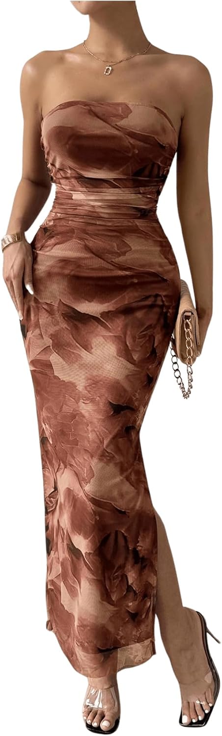 Milumia Women's Printed Strapless Tube Top Maxi Dress Slit Hem Sleeveless  Bodycon Wedding Guest Party Long Dresses Coffee Brown X-Large