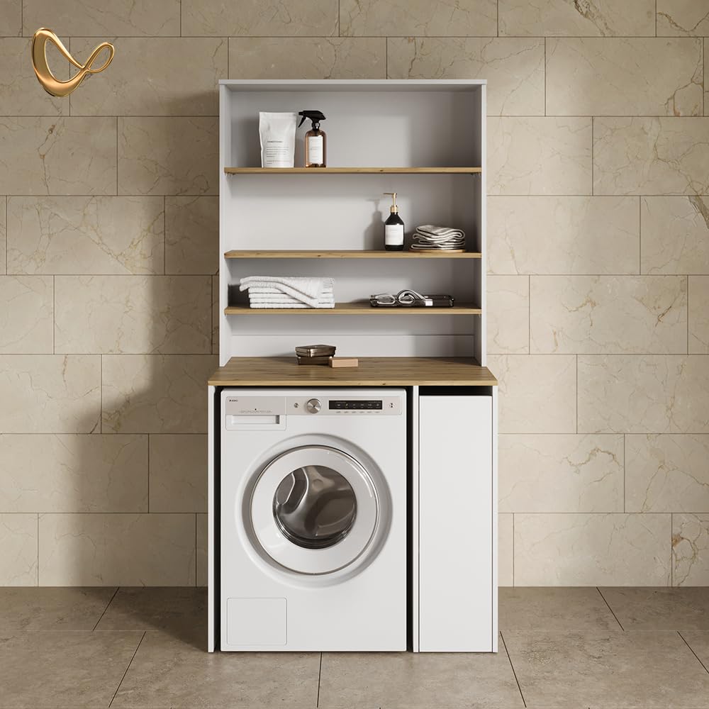 Livinity Armoire Machine à Laver Paolina, Blanc/Artisan, 93.6x88.2cm | 2 parties avec armoire et étagèreEspace supplémentaire au-dessus de l'appareil pour ranger les détergents et les accessoires