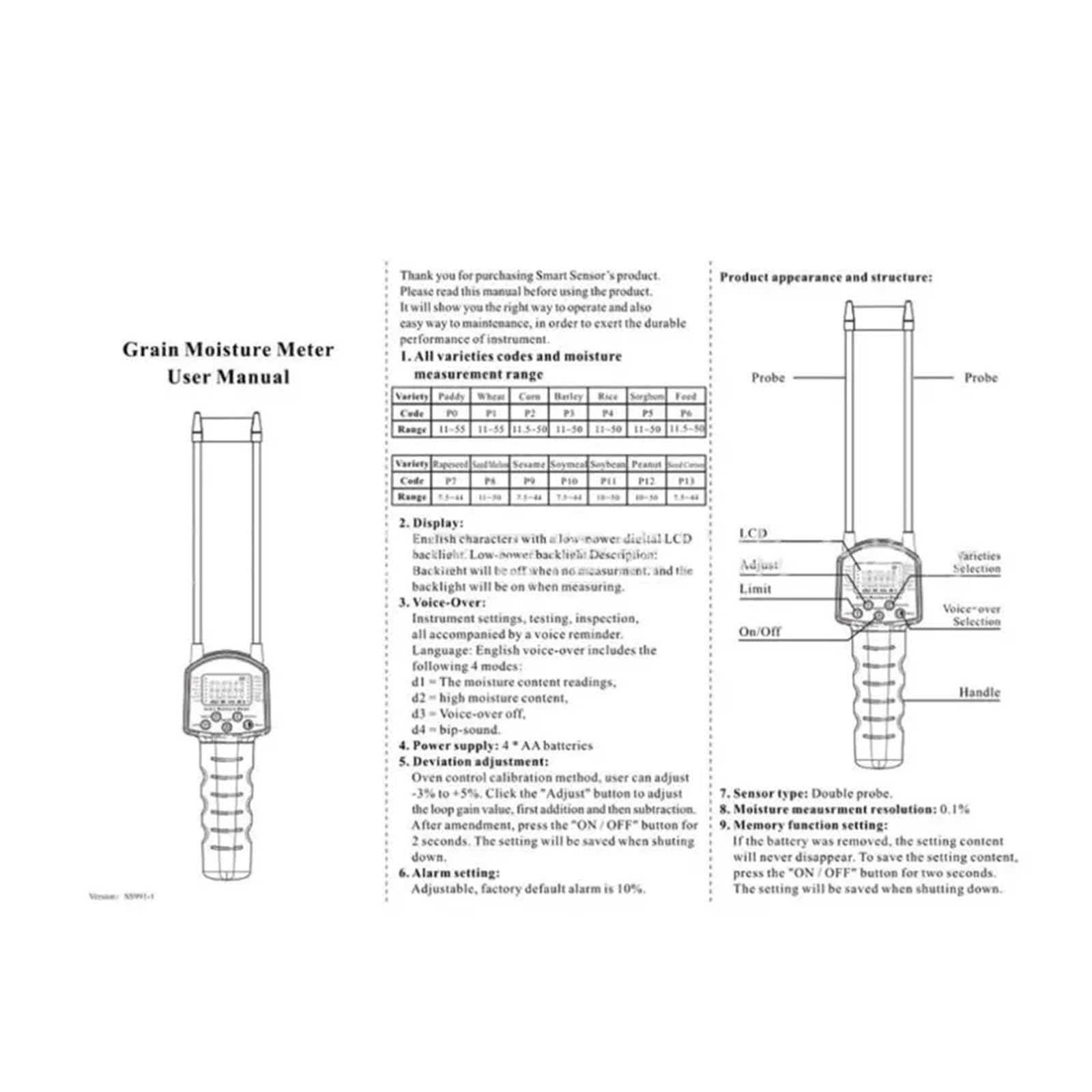 Getreidefeuchtemessgerät, LCD-Digitalanzeige mit Sonde for Mais, Weizen, Reis, Bohnen, Weizenmehl, Futter, Raps Genau
