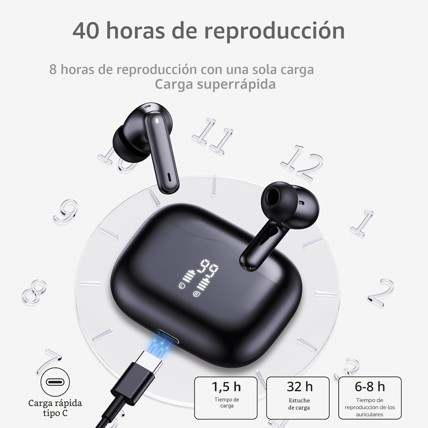 Auriculares Inalambricos Bluetooth, Auriculares Bluetooth 5.4, 40H HiFi Estéreo Cascos Inalambricos con Reducción de Ruido 4 Mic, Pantalla LED, IP7 Impermeable, Audifonos Carga Rápida, Ajuste Cómodo