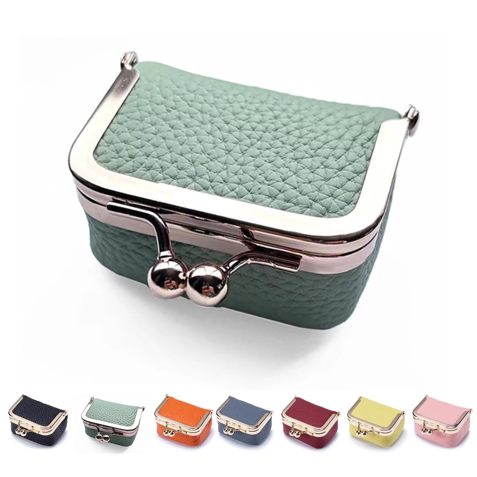 BOSENIYU Mini Leather Jewelry Box, Portable Vintage Genuine Leather Coin Purse, Jewelry Organizer with Kiss Lock. (Green)