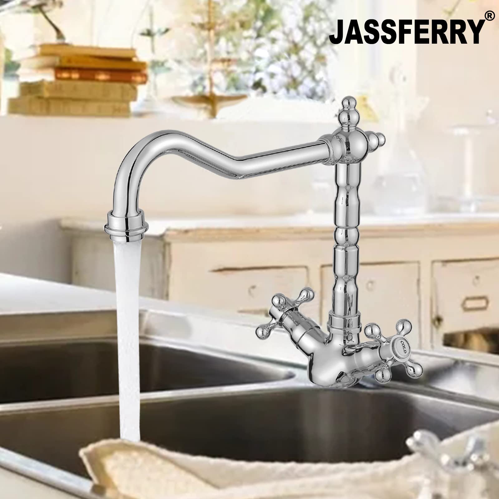 JASSFERRY Vintage francés mezclador grifo tradicional cruceta manijas monobloque cocina fregadero grifo con boquilla giratoria cromo pulido
