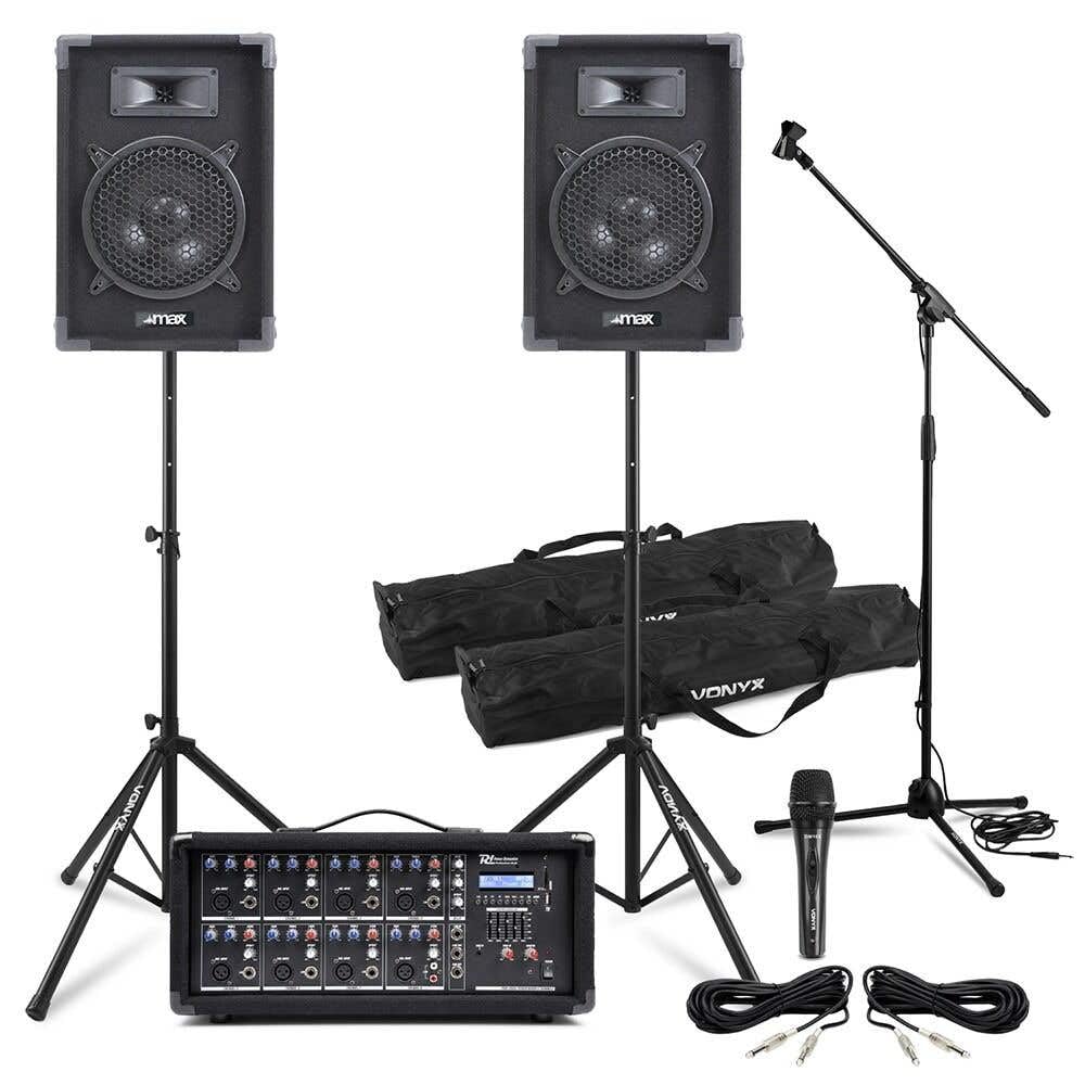 MAX Pack Sono Complet Music/Power Dynamics/Vonyx - 2 Enceintes 8" 800 W + Mixeur 8 Canaux + Micro Filaire + Pied & Câbles Inclus - Système Audio Pro DJ, Groupe, Bar, Animation