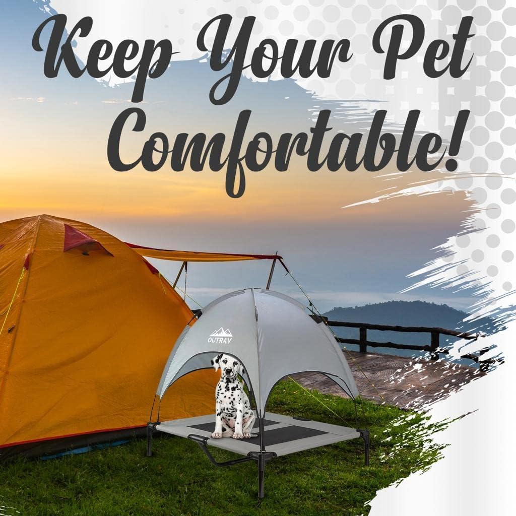 review Outrav Pet Cot with Canopy Shade Tent & Carry Along Travel Bag – Portable Foldable Indoor Outdoor Cooling Elevated Dog Bed with Removable Pop Up Sunshade Dome Gazebo Awning, Large or XL – Gray