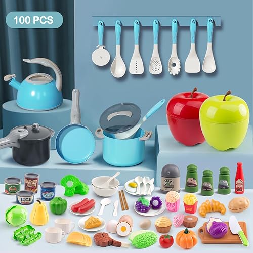 Miniatura 41 de Juego de cocina de 130 piezas, ollas de juego de cocina para niños, sartenes, utensilios de cocina, alimentos diarios, frutas y verduras, cesta