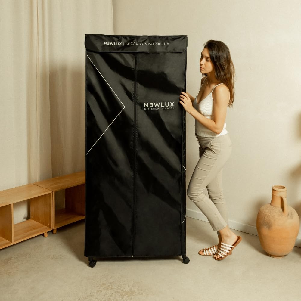 Newlux - Séchoir à Linge Électrique Portable Secadry (1200W) avec Lumière UV pour Désinfecter. Capacité 15Kg, Temp. 180min, 4 Niveaux. Séchoir par Ventilation idéal comme Armoire et Séchoir, Noir
