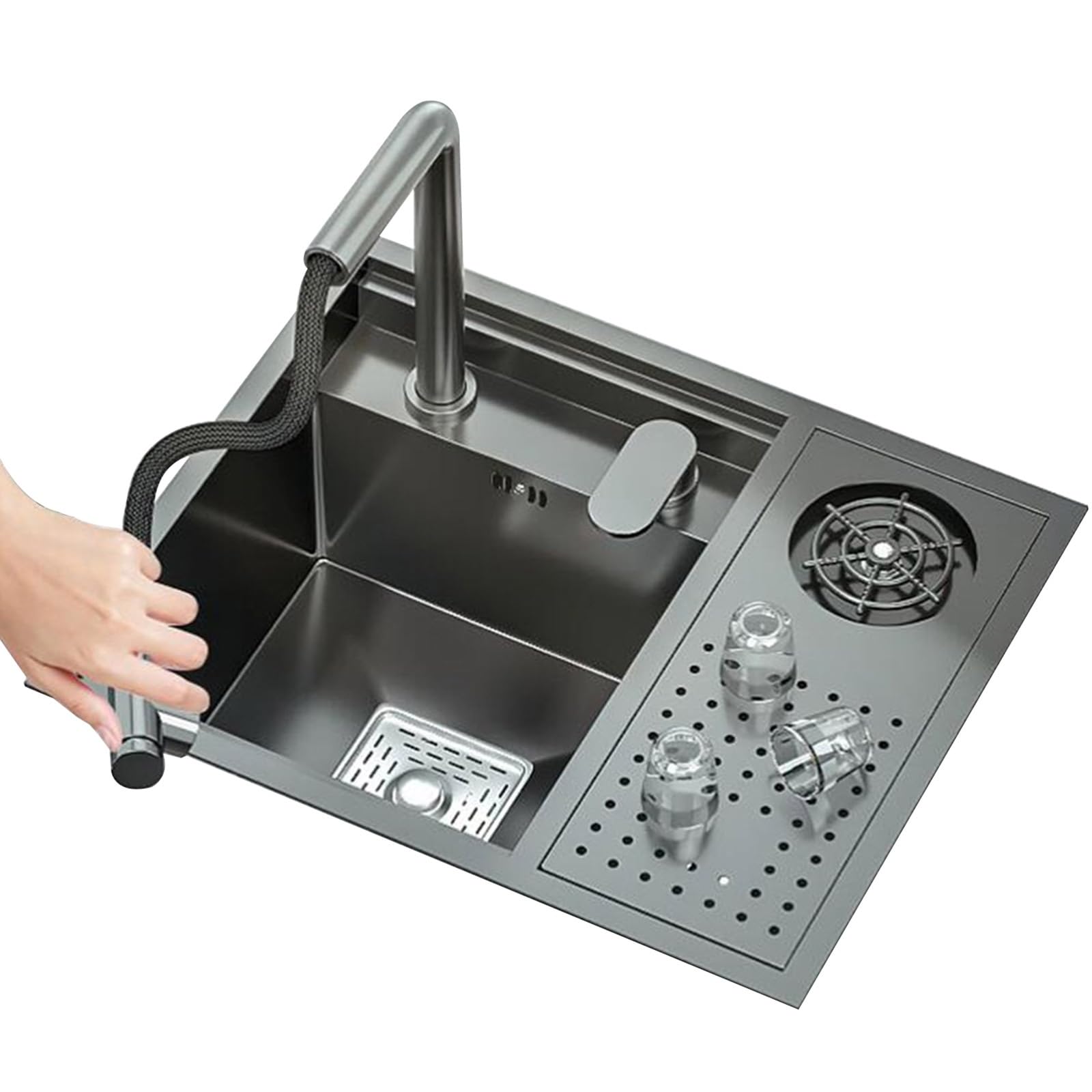 Whsmke Black Steel 55X45cm Hidden Kitchen Bar Sink With Cover, Space-Saving Rv Sink, Pull-Out Lift Faucet, Glass Rinser, Stainless Steel Single Bowl Dishwashing Basin Multi-Functional