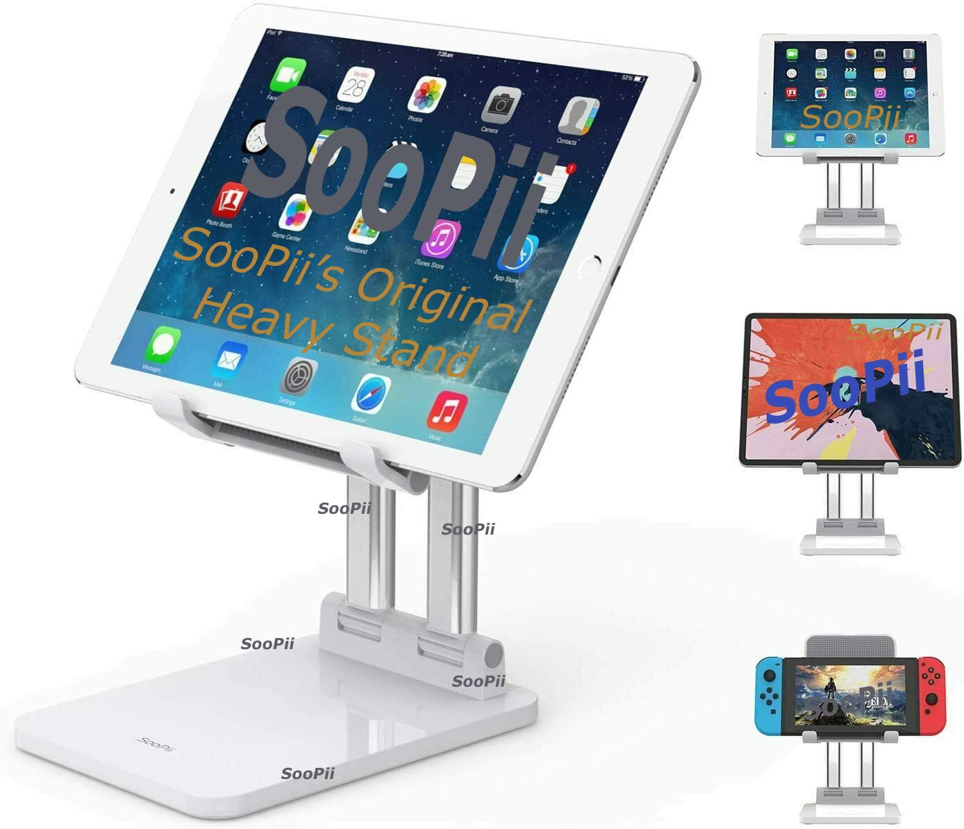 SOOPII Desktop Tablet Stand + Mobile Stand, Heavy Base Aluminum Holder for Tablets/Mobile/Tab Stand and e-Book Readers (Up to 15.6 inch) - White
