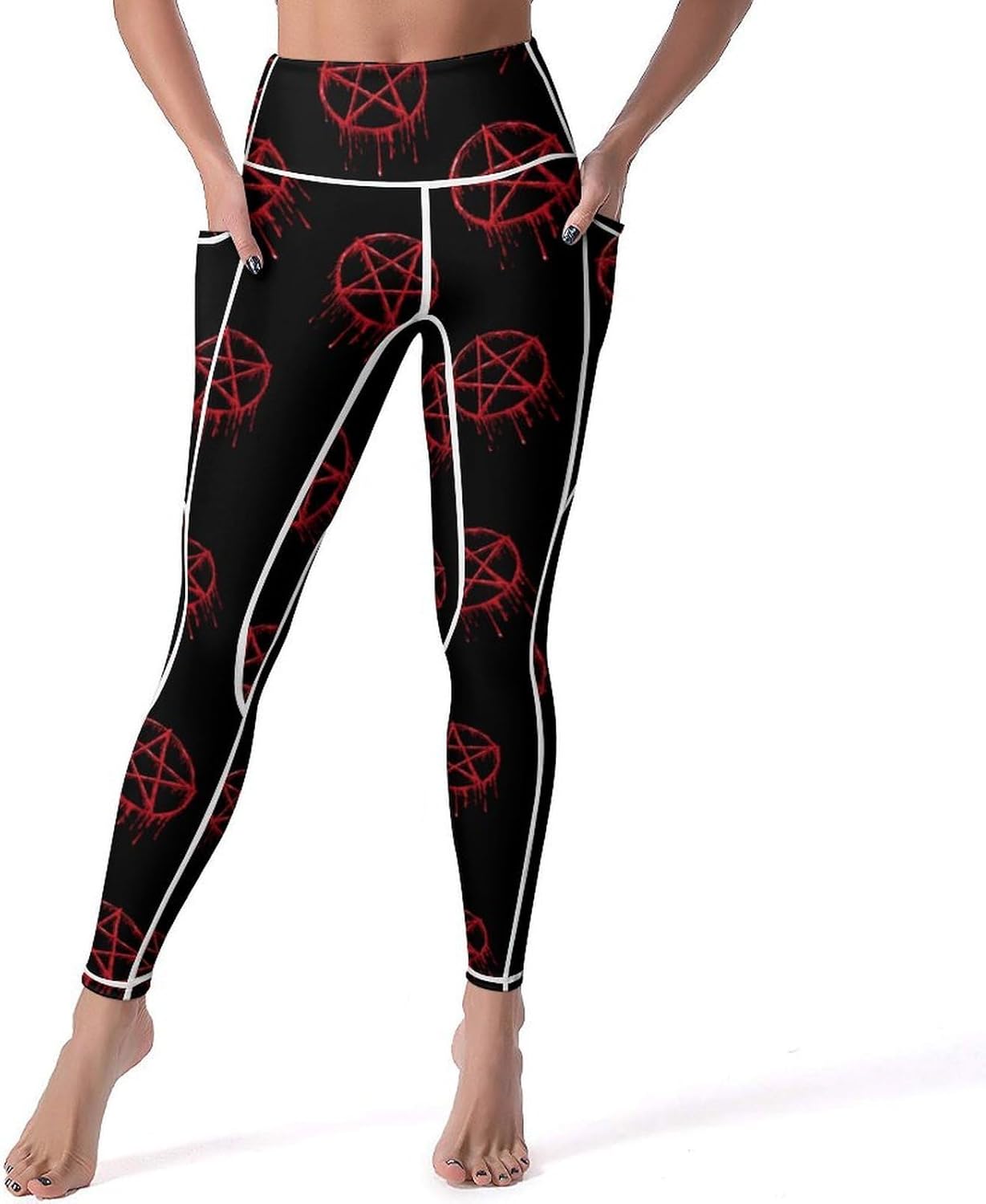 Blood Pentagram High Waisted Leggings for Women with Pockets Athletic Tummy Control Pants