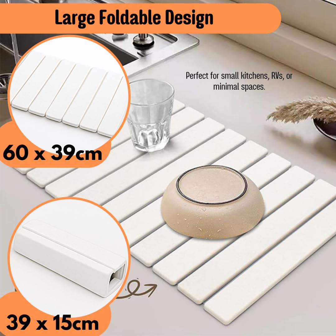 Grand tapis de séchage en pierre pour cuisine – 60 x 40 cm – Tapis de séchage à vaisselle en diatomite pour évier réutilisable, pliable, antidérapant pour comptoir, égouttoir à vaisselle et