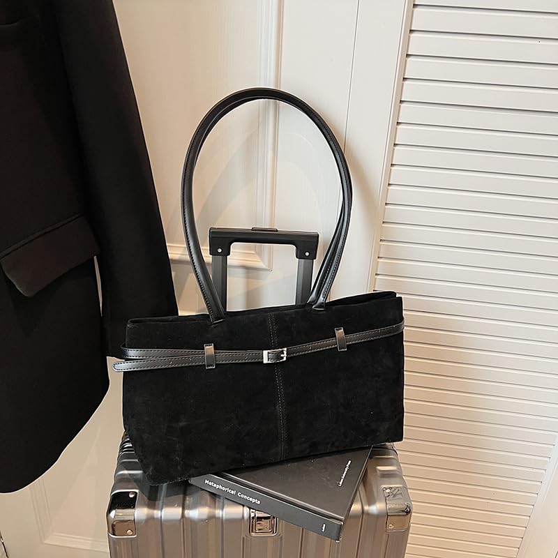 Suede Large Capacity Shoulder Bag w/Buckle Belt Detailing for Daily Use(Black)2