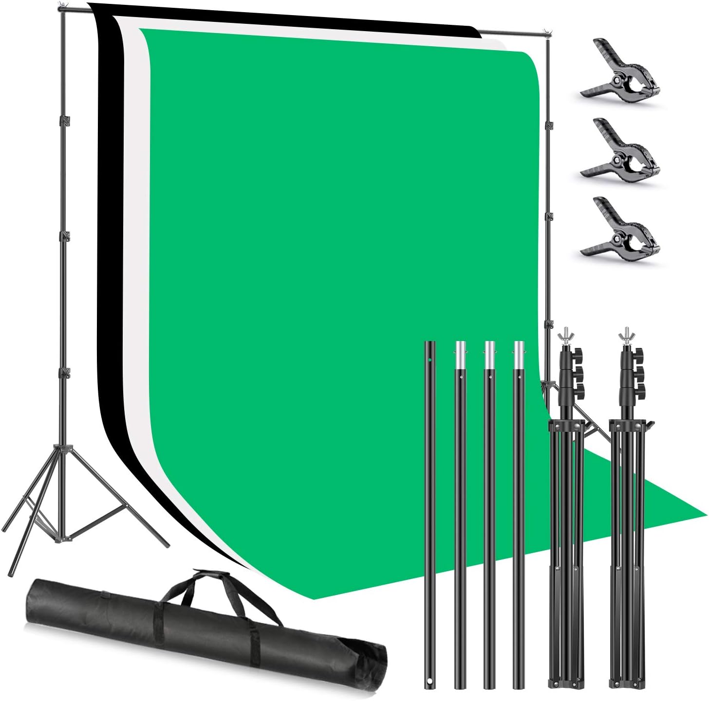 Neewer Photo Studio 8.5x10feet/2.6x3M Backdrop Stand Backdrop Support System with 6x9ft/1.8x2.8M Polyester Backdrop (White, Black, Green) Clamps and Carry Bag for Product Portrait Video Shooting