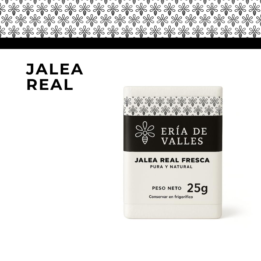 Eria de Valles Gelée Royale frisch, 100 % natürlich, 25 g, rein, ohne Konservierungsstoffe und in Kühlbox, mit Messlöffel, Energie und Vitalität, täglicher Verzehr, im Kühlschrank aufbewahren