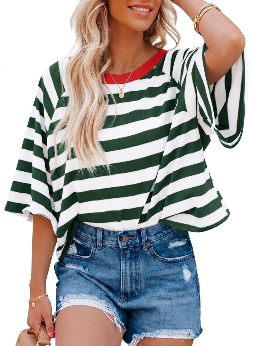 Chicrise T-Shirt Women's Summer Oversize Striped Tops Short Crew Neck Casual Short Sleeve Top, Green/White, XL