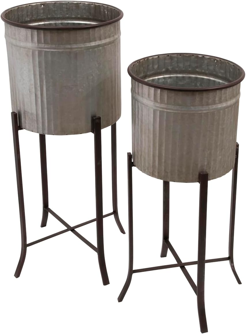 Creative Co-Op Rustic Iron Planters on Stands - Set of 2 Corrugated Metal Holders for 10-12in Pots, Indoor Greenery Display