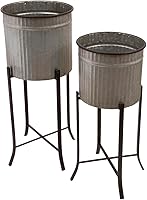 Creative Co-Op Rustic Iron Planters on Stands - Set of 2 Corrugated Metal Holders for 10-12in Pots, Indoor Greenery Display