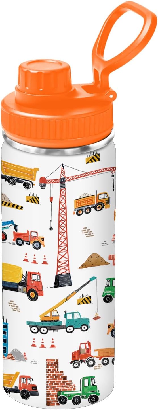 Cartoon Car Excavator Water Bottle for Son, Stainless Steel Insulated Tumbler for Home with 2 Lids & Handle, Antislip Silicone Boot, 18oz Reusable Leak-Proof Bottle for Sports, 1 PCS - Image 2