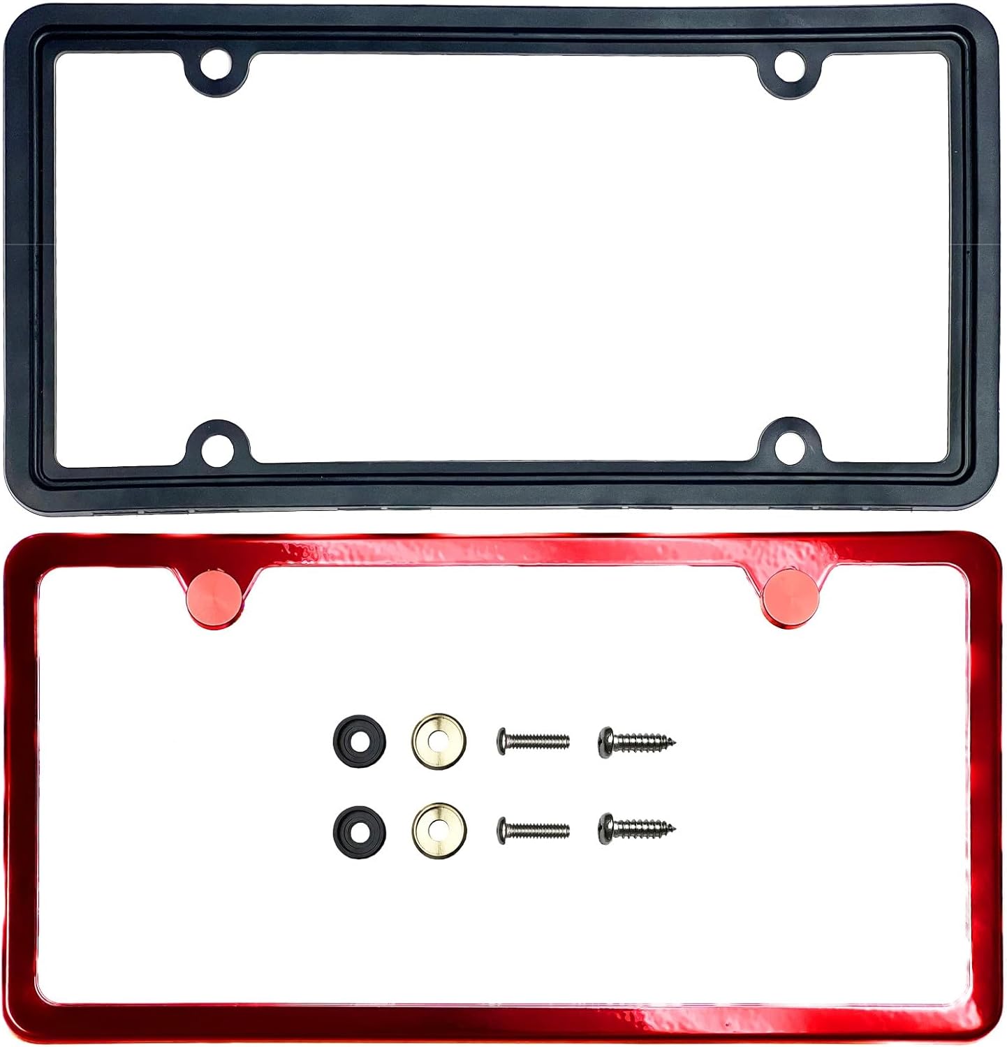 Customized Laser Etched Candy Red T304 Stainless Steel License Plate Frame 2 Holes Slim, Universal Fit, Aluminum Screw-On Cap Cover -, Rust-Proof, Weather-Proof - Includes Screws (Qty: 1 Frame)