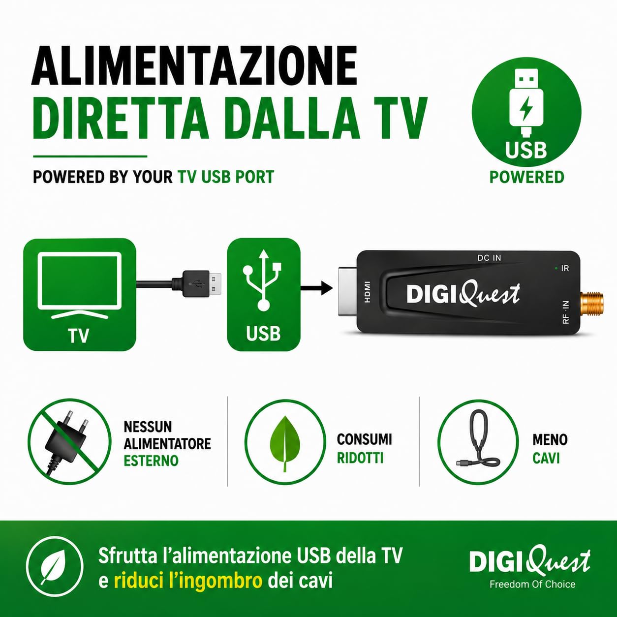 Digiquest DecoderTerrestre, XO Stick, DVB-T2, Schwarz - Sparen Sie Energie durch die Stromversorgung des Fernsehgeräts, 2-in-1-Fernbedienung, ideal für Wandfernseher