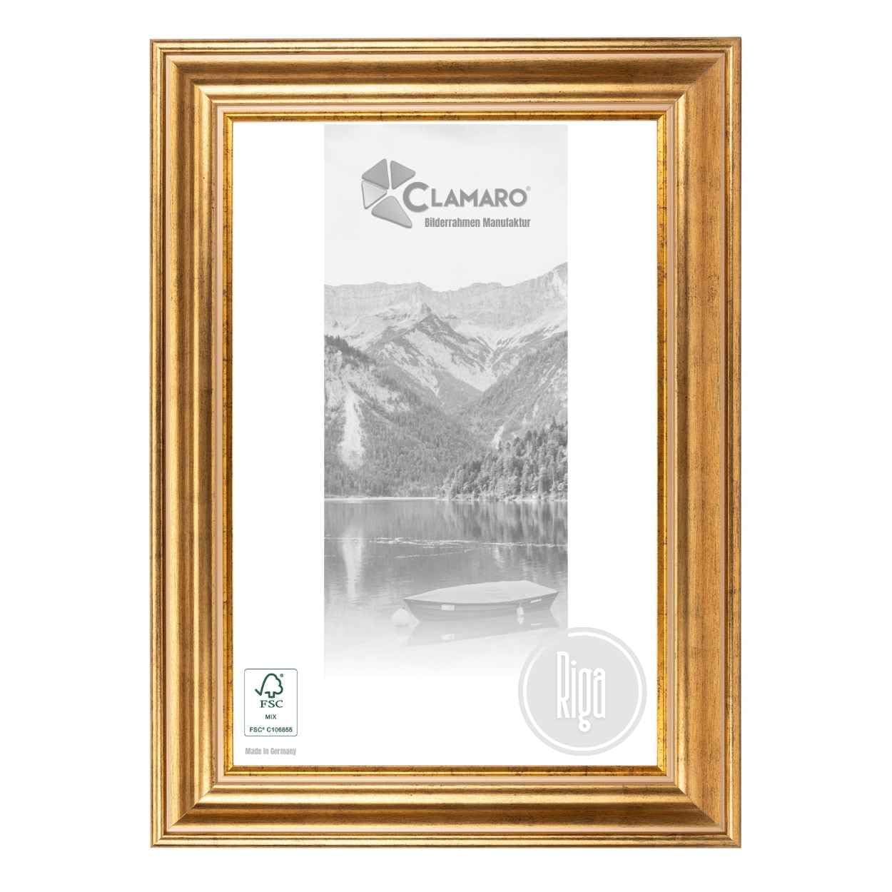 CLAMARO 'RIGA' ramka na zdjęcia w stylu antycznym (DIN A4) 21 x 29,7 cm, lite drewno | złota | szerokość 68 mm Shabby Chic Vintage barokowa listwa | drewniana rama w zestawie szkło akrylowe, tylna