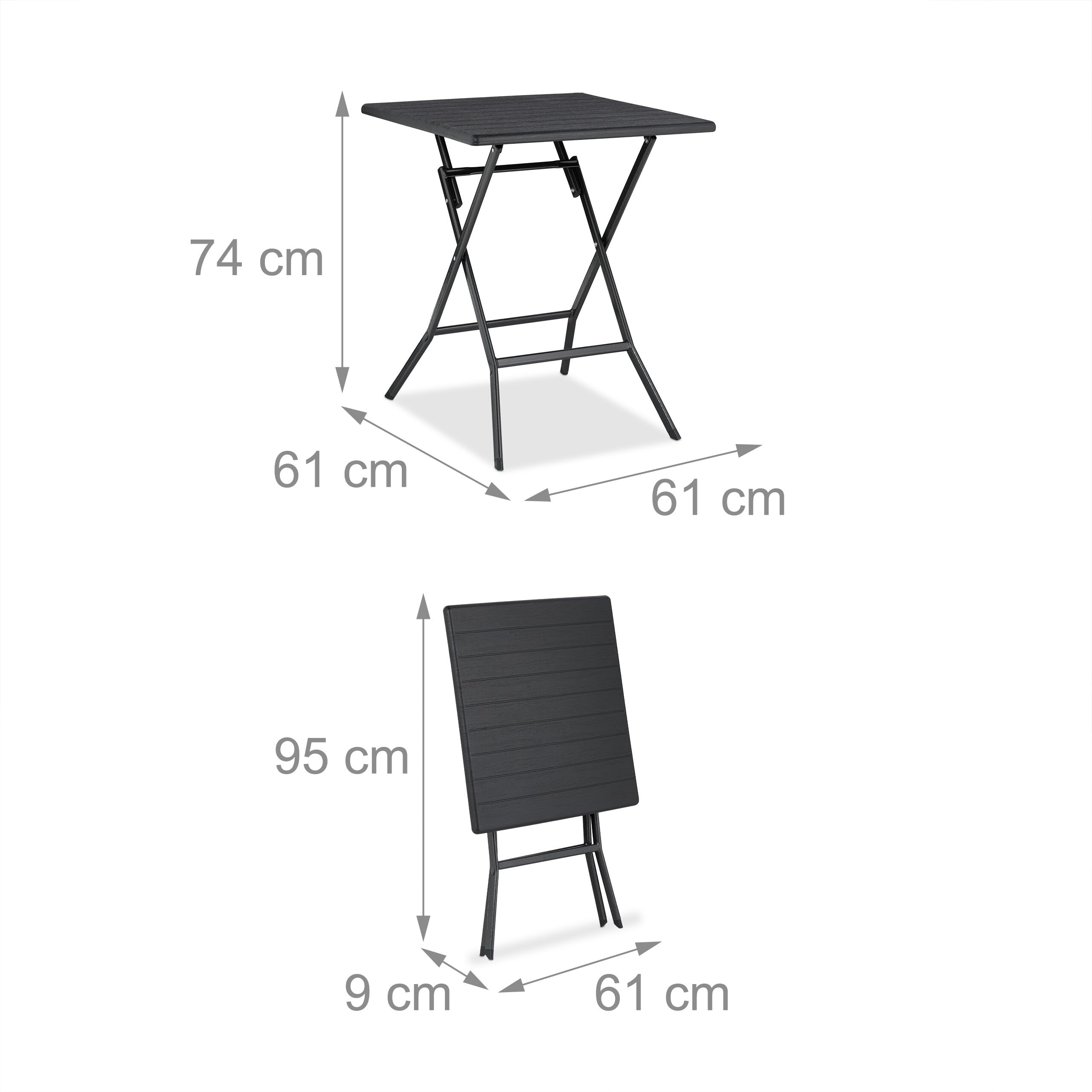 Relaxdays Tavolo da Esterno e Sedie, Set da 3 Mobili Pieghevoli e Salvaspazio da Balcone, Design Aspetto Legno, Nero