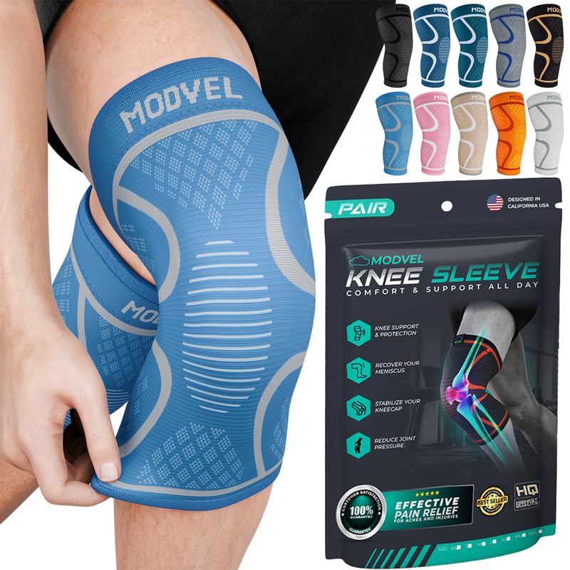 Modvel 2 Pack Knee Brace for Women & Men - Workout Knees Compression Sleeve for Knee Pain Relief Joint Support for ACL, Arthritis, Meniscus Tear Knees Brace for Sports, Rodilleras para Gym Fitness