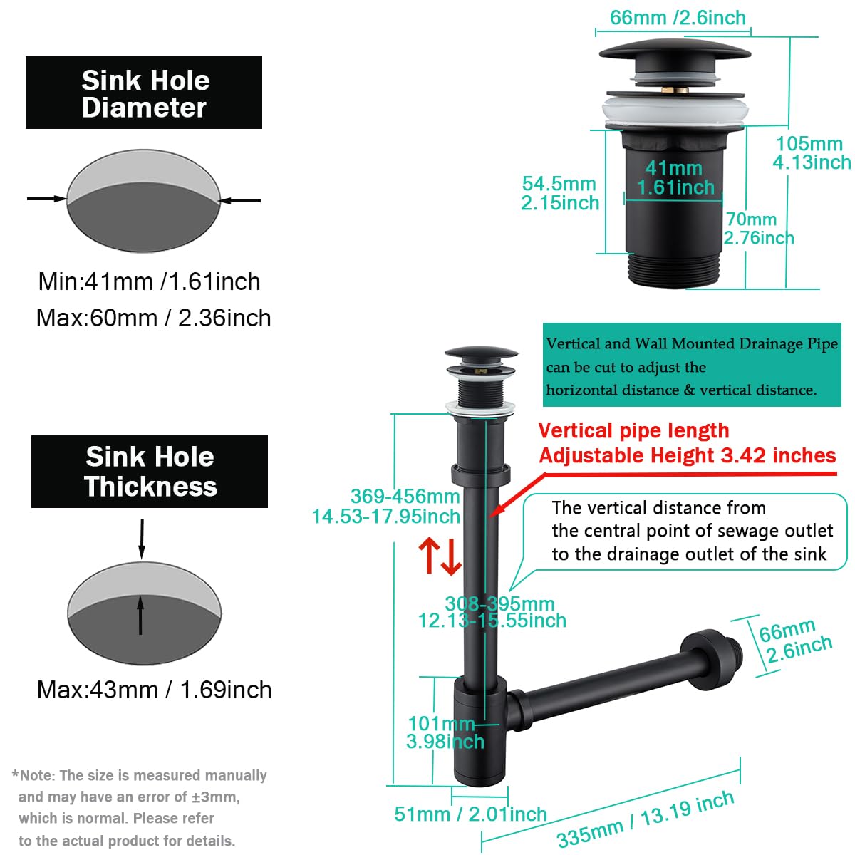 Sifón Redondo de latón con tapón de desagüe emergente, Kit de sifón Ajustable para Lavabo y Fregadero de 1 1/4" sin rebosadero, sifón Negro Mate.