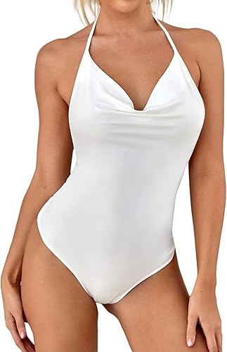 SHENHE Body ajustado para mujer, espalda descubierta, drapeado, con lazo en la espalda, color liso