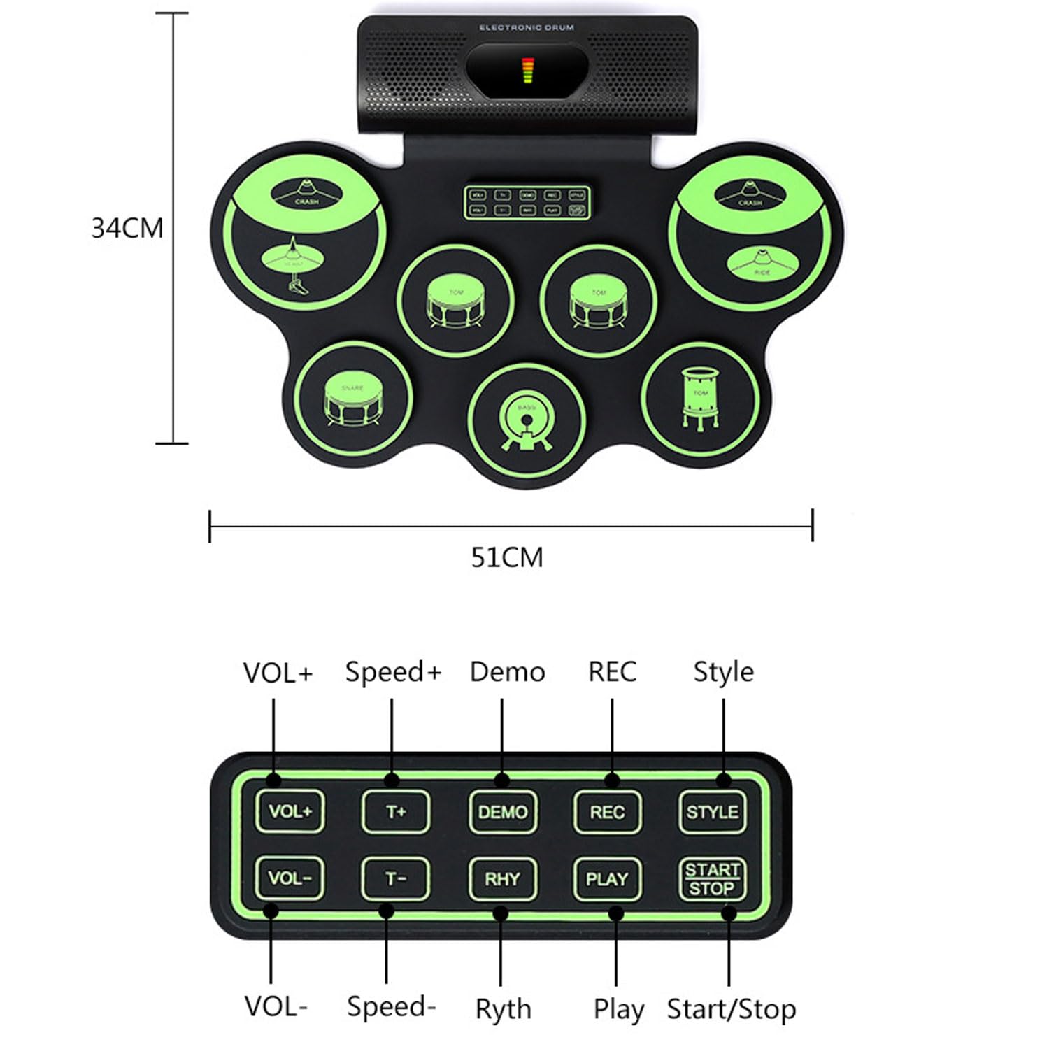 Batería Electrónica De 7 Pads, Instrumento De Percusión Somatosensorial Portátil, Pad De Práctica De Batería Enrollable con Pedales De Batería Y Baquetas, Altavoz Incorporado, Bluetooth Midi