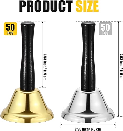 Miniatura 2 de Fumete 100 campanas de metal con mango de madera para decoración de bodas, escuelas, percusión musical, alerta de ancianos enfermos (plata, dorado)