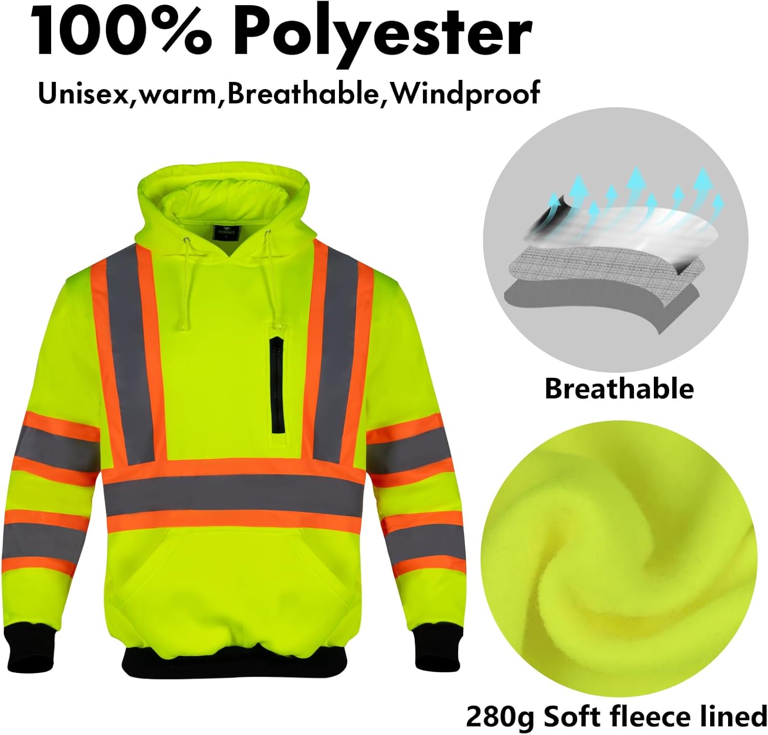 VENDACE High Visibility Hoodie for Men ANSI Class 3 Reflective Safety Hi Vis Fleece Sweatshirt Work Construction - Image 4
