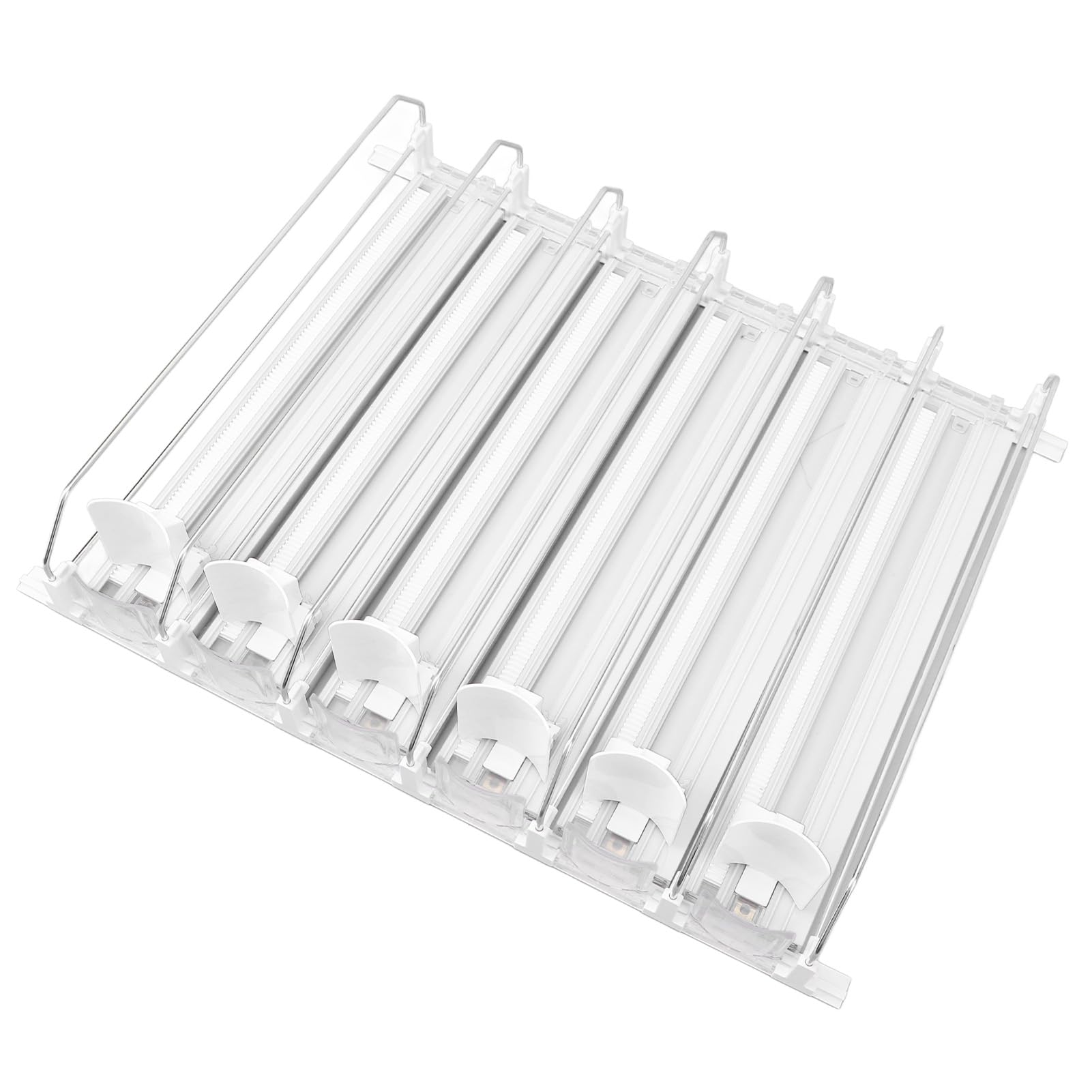 Organizador de bebidas para nevera, soporte ajustable para latas de bebidas, 6 filas, de deslizamiento de empuje de amortiguación de fácil carga, dispensador de latas de refresco (Blanca)