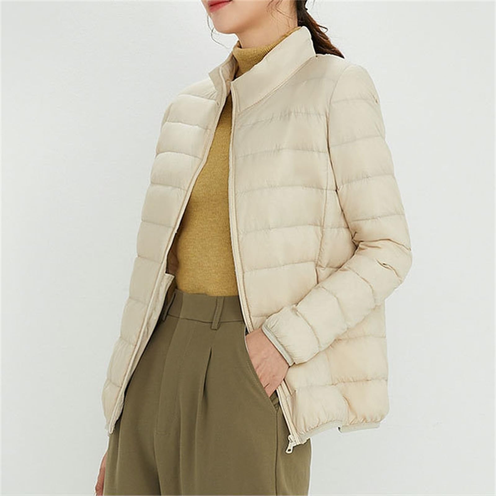 Chaqueta de invierno cálida para mujer, cuello alto, talla grande, ligera, de moda