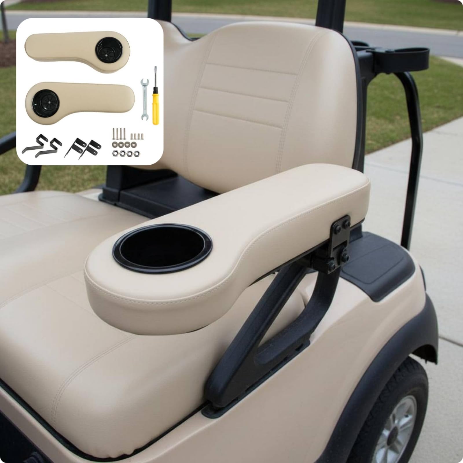 Golfwagen Sitz Armlehne Getränkehalter Rückbanksystem Polsterung PU Abnehmbarer Bechereinsatz Robuste Halterung Einfache Befestigung für Cart Mitfahrer Ausfahrten