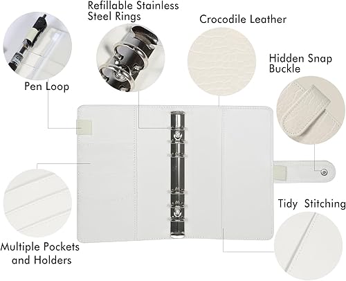 Miniatura 2 de Carpeta de presupuesto de cocodrilo A6, carpeta de piel sintética con hebilla oculta, planificador pequeño recargable de 6 anillas, color beige